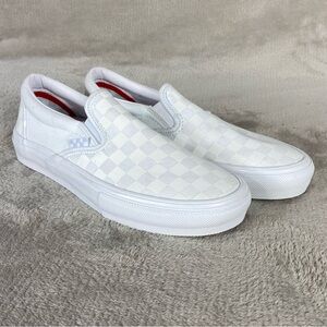 Vans Checkerboard Slip On Sneaker Shoes Men 7 Women 8.5 Pure White Canvas NEW